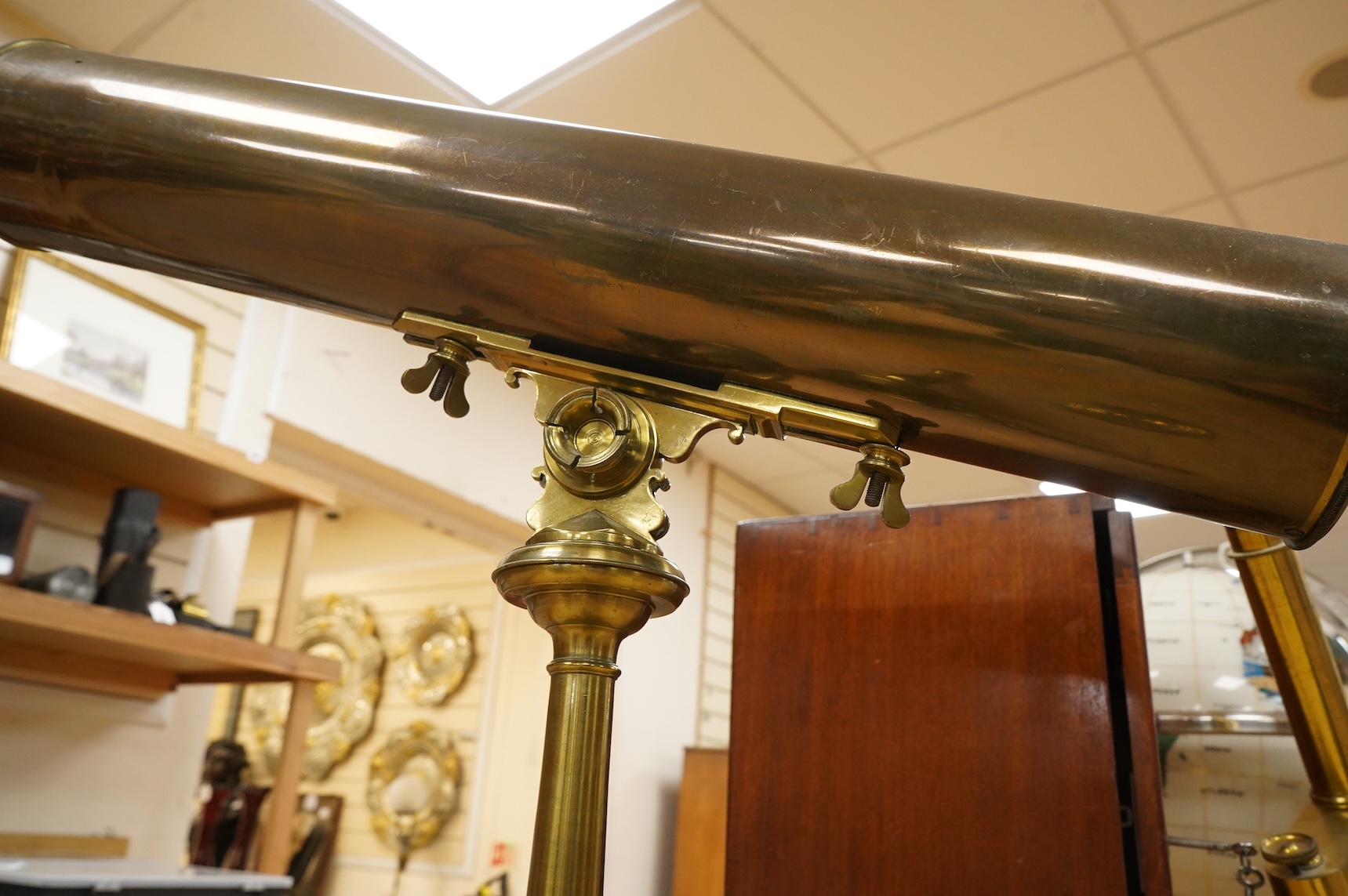 A mid 18th century brass compound monocular 4 inch diameter Gregorian reflector telescope, length 25inch, [parts of focusing mechanism modern, mirrors made in 1981 by Tony Jenner]